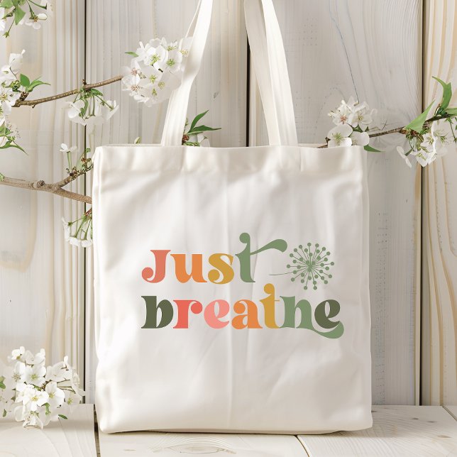 Just Breathe Modern Typography Dandelion Flower Tote Bag (Creator Uploaded)