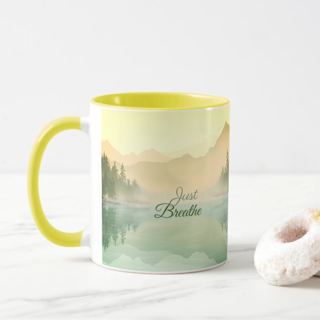 Just Breathe Mountain Forest Gold Green  Mug (With Donut)