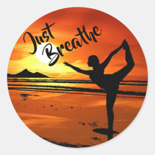 Just Breathe Peaceful Yoga Pose on Beach at Sunset Classic Round Sticker