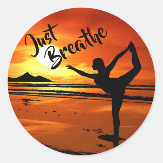 Just Breathe Peaceful Yoga Pose on Beach at Sunset Classic Round Sticker