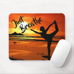 Just Breathe Peaceful Yoga Pose on Beach at Sunset Mouse Mat