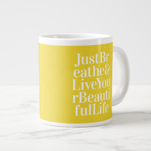 Just Breathe Positivity Inspiring Quote Yellow Large Coffee Mug (Front Right)