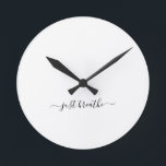 Just breathe simple black script yoga round clock<br><div class="desc">Modern yoga clock with a simple white background and a hand lettered black script with the quote "just breathe".</div>
