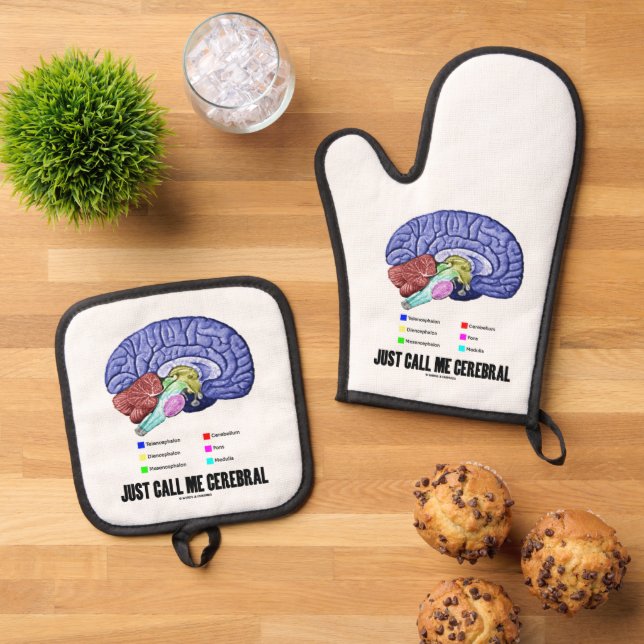 Just Call Me Cerebral Brain Anatomy Humor Oven Mitt & Pot Holder Set (Top Down)