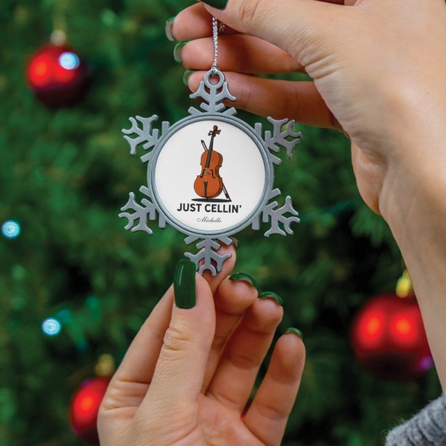 Just Cellin Cellist Performance Music Personalised Snowflake Pewter Christmas Ornament (Creator Uploaded)