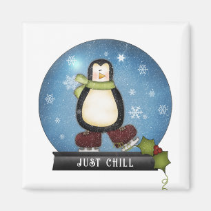 JUST CHILL Penguin Ice Skating Inside Snowglobe Magnet