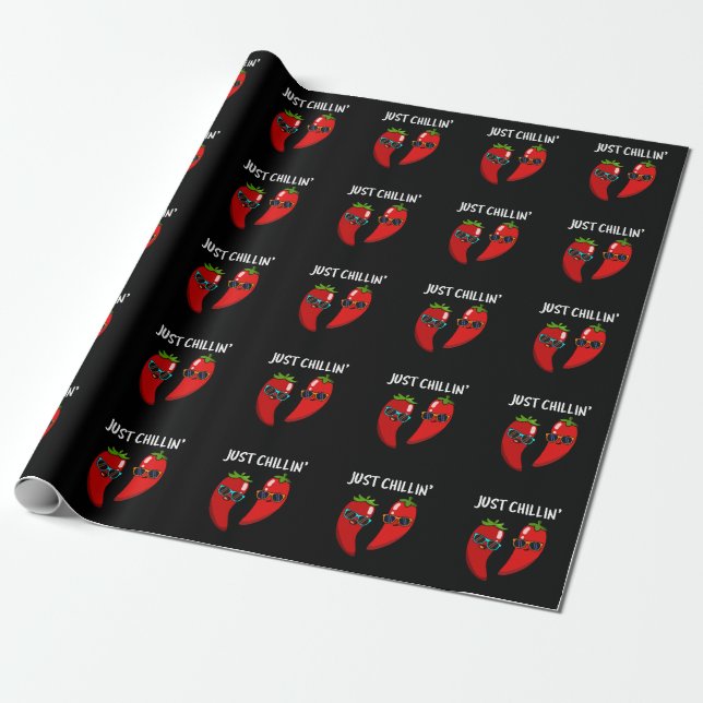 Just Chillin Funny Chilli Peppers Pun Dark BG Wrapping Paper (Unrolled)