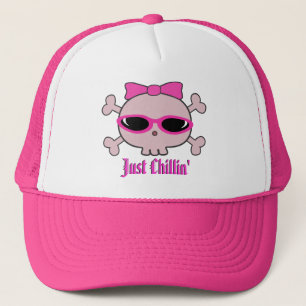 Just Chillin' Pink Cartoon Skull With Sunglasses Trucker Hat