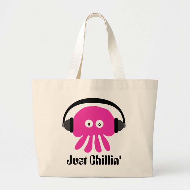 Just Chillin' Pink Jellyfish With Headphones Large Tote Bag (Front)