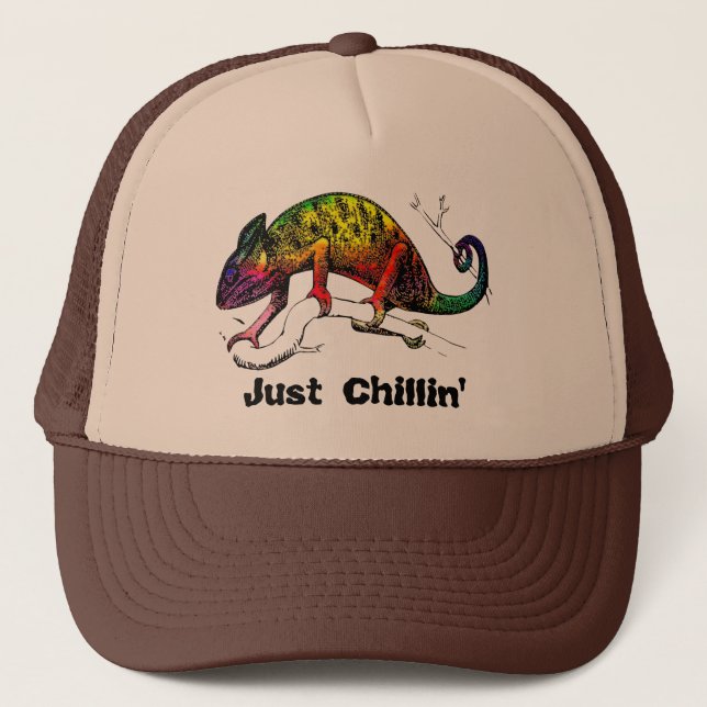 Just Chillin' Rainbow Chameleon Lizard Trucker Hat (Front)