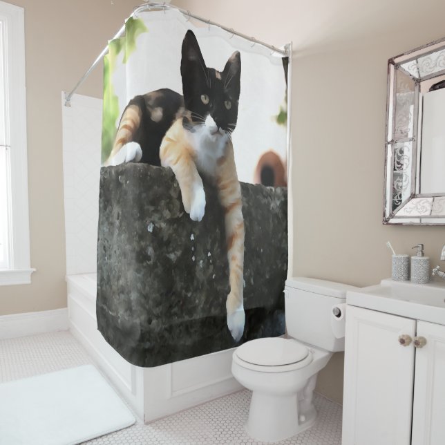 Just Chillin Tricolor Cat Pet Portait Shower Curtain (In Situ)
