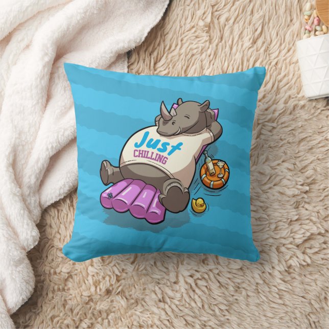 Just Chilling Funny Relaxed Rhino Poolside Cartoon Cushion (Blanket)