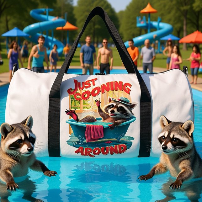 Just Cooning Playful Racoon Splashing in Bath , Duffle Bag (Creator Uploaded)