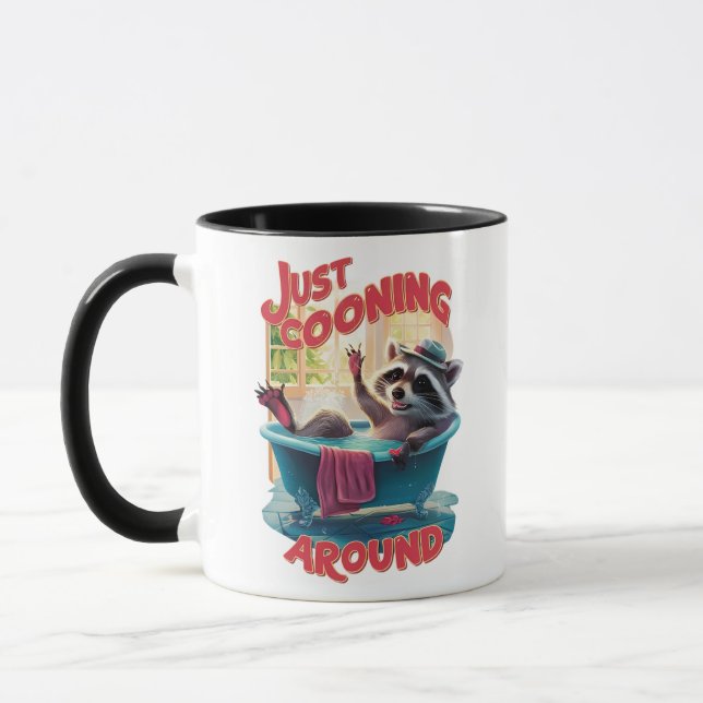 Just Cooning Playful Racoon Splashing in Bath , Mug (Left)