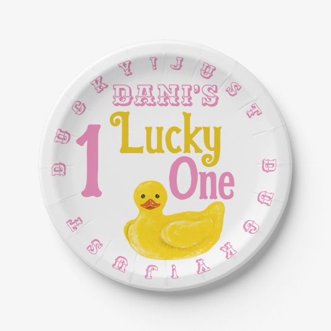 Just Ducky Lucky One First Birthday Invitation Paper Plate (Front)