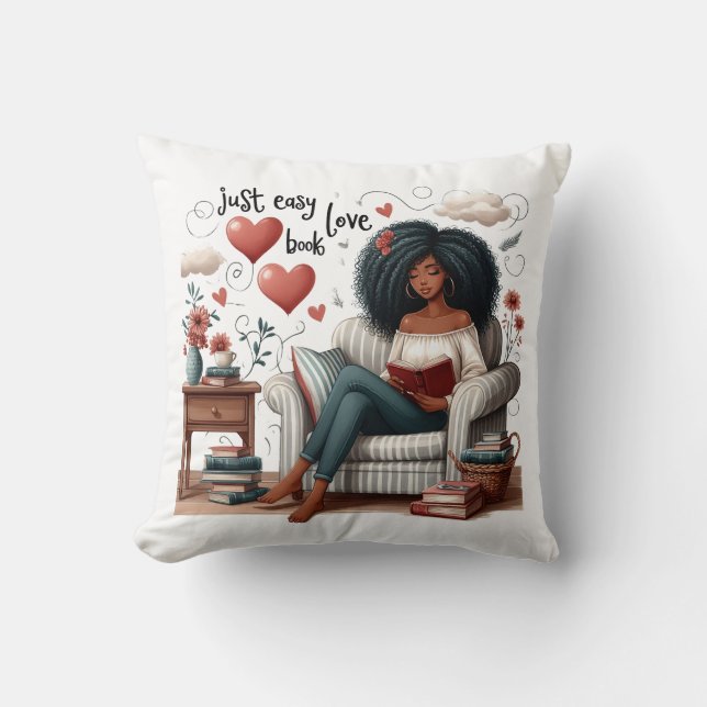 Just Easy Love Book, African American Girl Reading Cushion (Front)