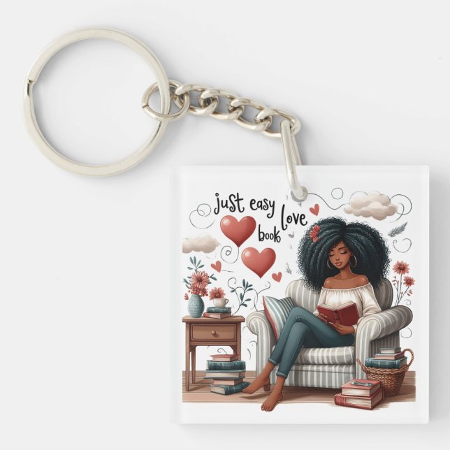 Just Easy Love Book, African American Girl Reading Key Ring (Front)