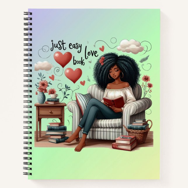 Just Easy Love Book, African American Girl Reading Notebook (Front)