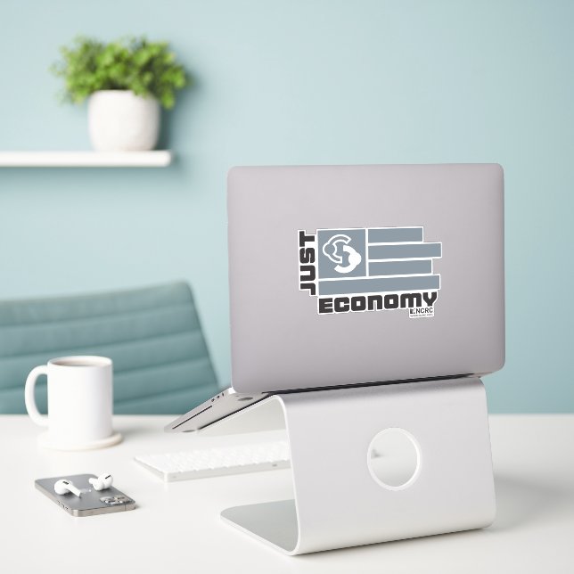Just Economy Custom-Cut Vinyl Sticker - Grey (Laptop On Desk)