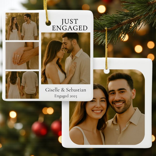 Just Engaged Photo Couple Engagement Christmas Ceramic Ornament (Creator Uploaded)