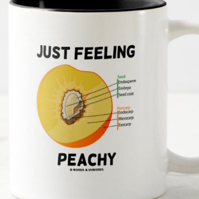 Just Feeling Peachy (Peach Anatomy) Two-Tone Coffee Mug (Let your wry fruit-filled sense of humor come alive with this mug featuring peach anatomy)