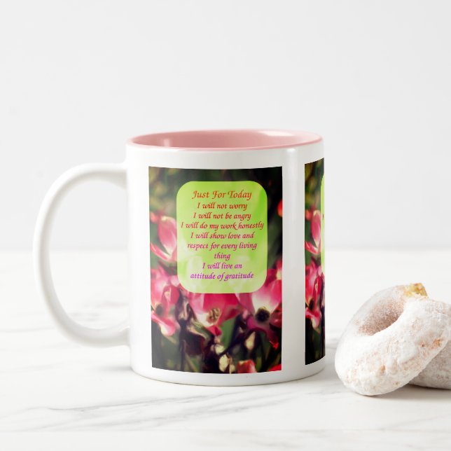 Just For Today Dogwood Flowers Inspirational Two-Tone Coffee Mug (With Donut)