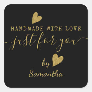 Just For You Black And Gold Handmade With Love   Square Sticker
