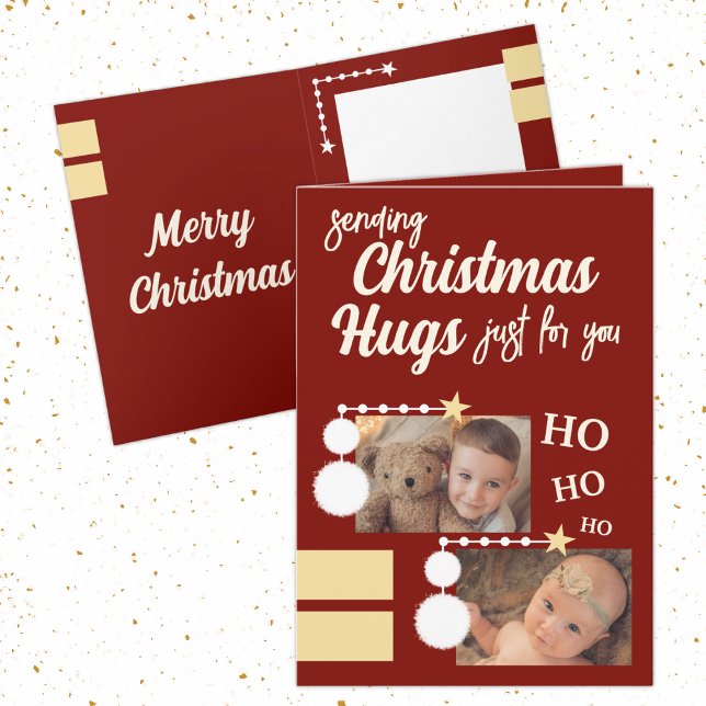 Just for you Christmas hugs photos burgundy white Holiday Card (Creator Uploaded)