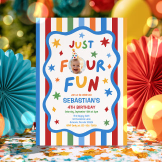 Just Four Fun Colourful Boy 4th Birthday Party Invitation