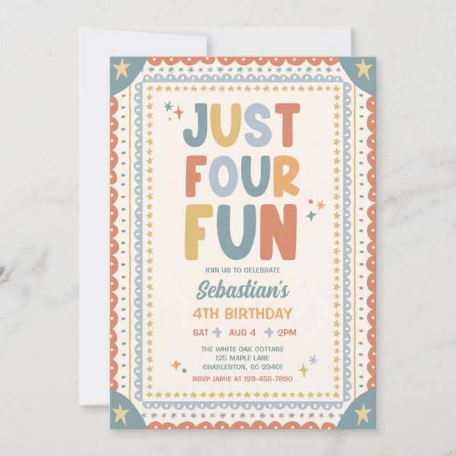 Just Four Fun Whimsical Boy 4th Birthday Party Invitation (Front)