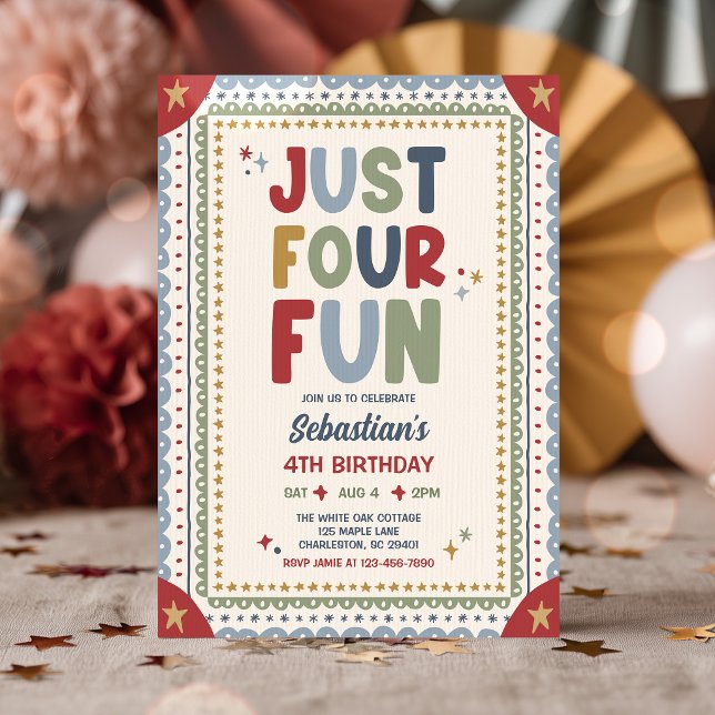 Just Four Fun Whimsical Boy 4th Birthday Party Invitation (Creator Uploaded)