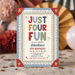 Just Four Fun Whimsical Boy 4th Birthday Party Invitation