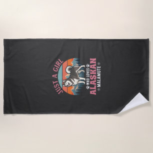 Just Girl Alaskan Malamute Dog Retro Sunset Mounta Beach Towel