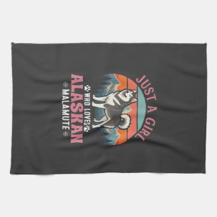 Just Girl Alaskan Malamute Dog Retro Sunset Mounta Tea Towel