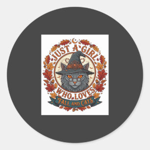 Just Girl Who Loves Cats Halloween Witch Fall Leav Classic Round Sticker