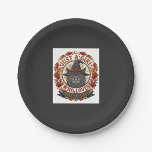 Just Girl Who Loves Cats Halloween Witch Fall Leav Paper Plate