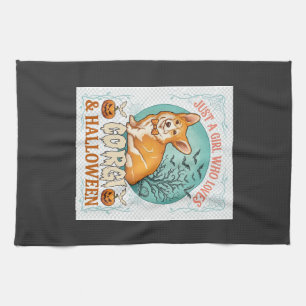 Just Girl Who Loves Corgi Halloween Pumpkins Bats_ Tea Towel