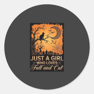 Just Girl Who Loves Fall Cat Halloween Moon_1 Classic Round Sticker