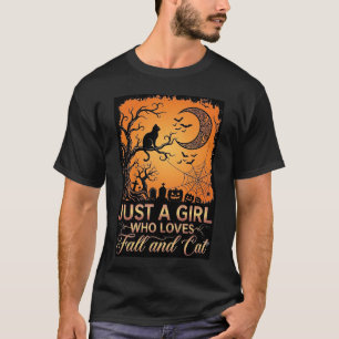 Just Girl Who Loves Fall Cat Halloween Moon_1 T-Shirt