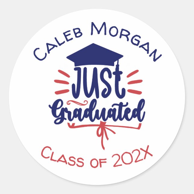 Just Graduated Red & Blue Personalised Classic Round Sticker (Front)