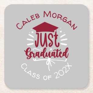 Just Graduated Red & White Personalised  Square Paper Coaster