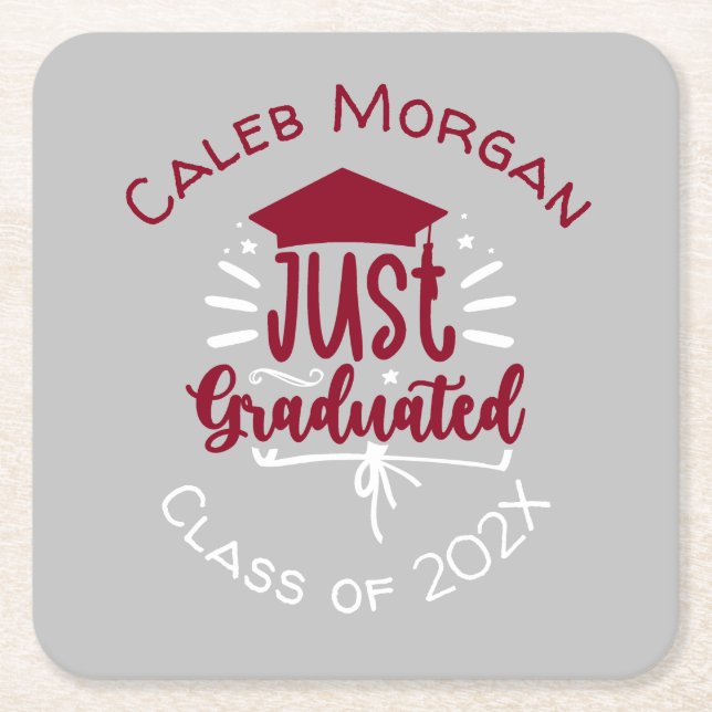 Just Graduated Red & White Personalised  Square Paper Coaster (Front)