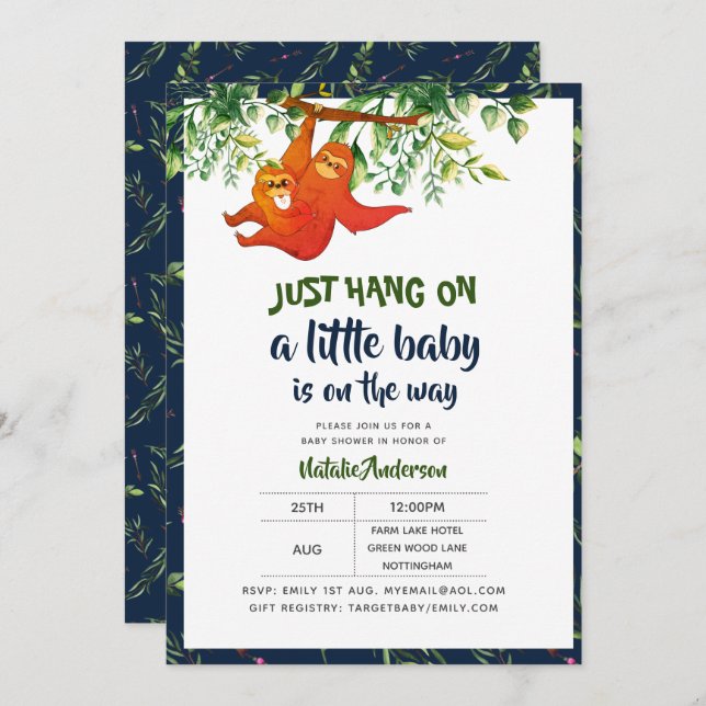 Just Hang On Sloth Baby Shower Boys Girls Neutral Invitation (Front/Back)