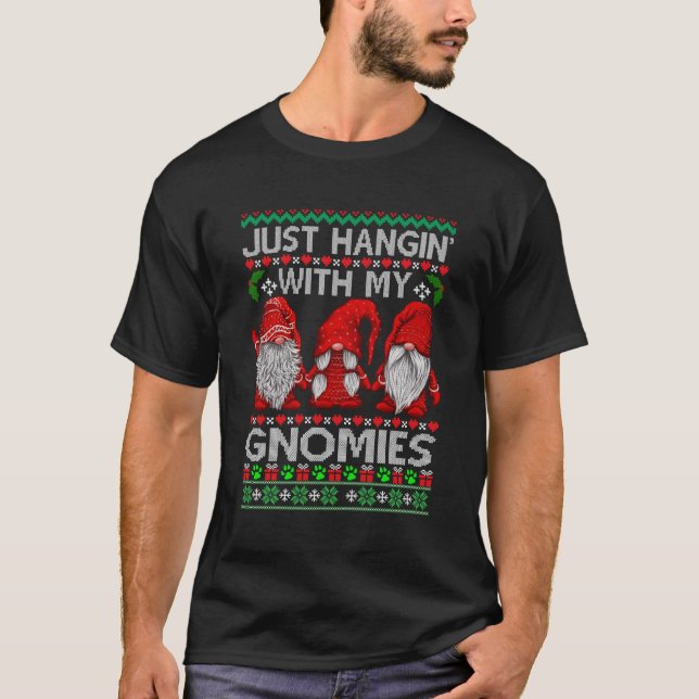 Just Hangin' With My Gnomies Funny Three Red Gnome T-Shirt (Front)