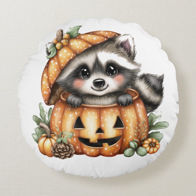Just hanging around, Playful Racoon In Pumpkin Round Cushion (Front)