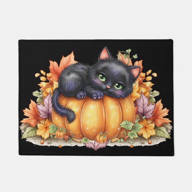Just hanging around, Resting Kitten In Pumpkin Doormat (Front)