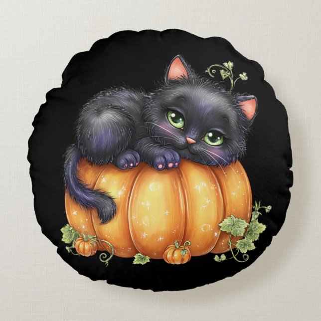 Just hanging around, Resting Kitten In Pumpkin Round Cushion (Front)