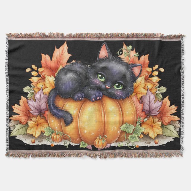 Just hanging around, Resting Kitten In Pumpkin Throw Blanket (Front)