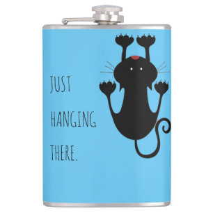 Just hanging there black cat cartoon funny text hip flask
