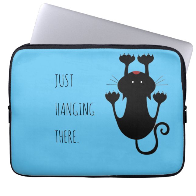 Just hanging there black cat cartoon funny text laptop sleeve (Front)